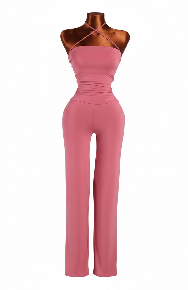 Rose Pink Strap Halter Neck Wide Leg Jumpsuit