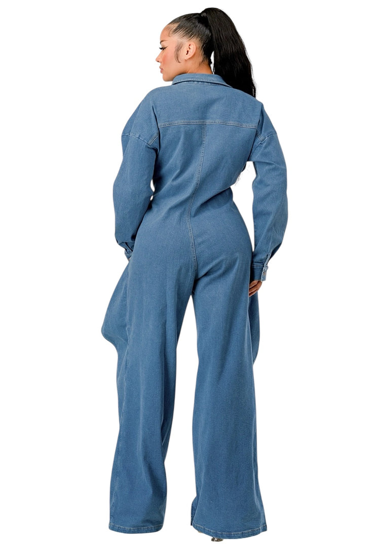 Denim Draped Wide-Leg Jumpsuit