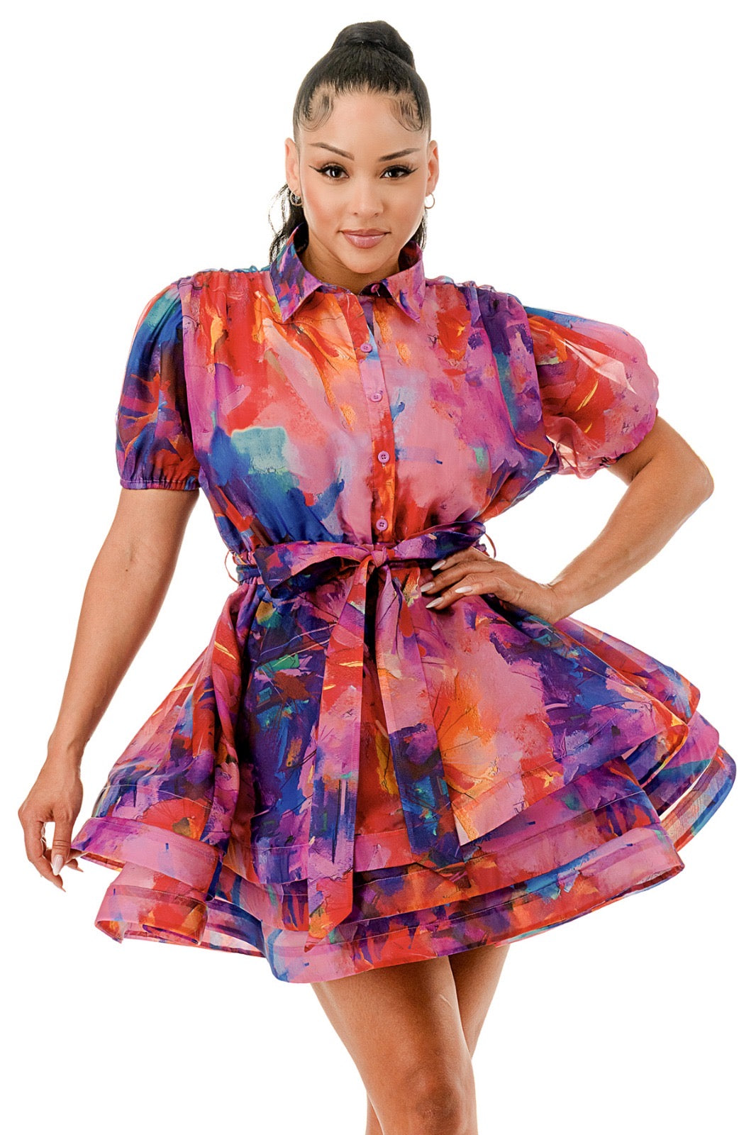 Short Sleeve Sheer Long Sleeve Layered Ruffle Dress 3X