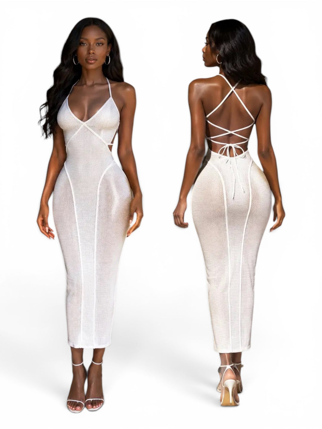 Popcorn Mesh Open Back Crisscross Halter Bodycon Midi Dress