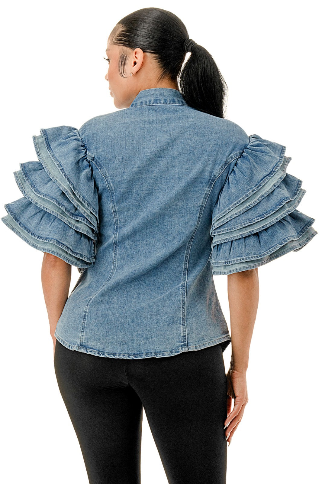 Denim Bow Blouse with Fringe Sleeves {GREAT STRETCH}