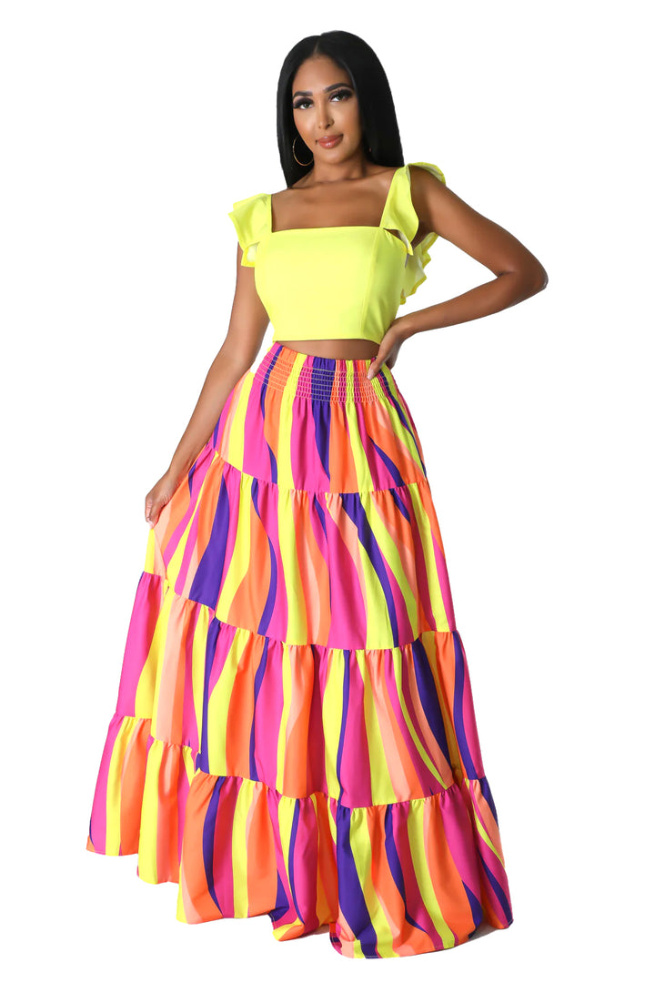 Two Piece Crop Top with Color Block Prairie Maxi Skirt