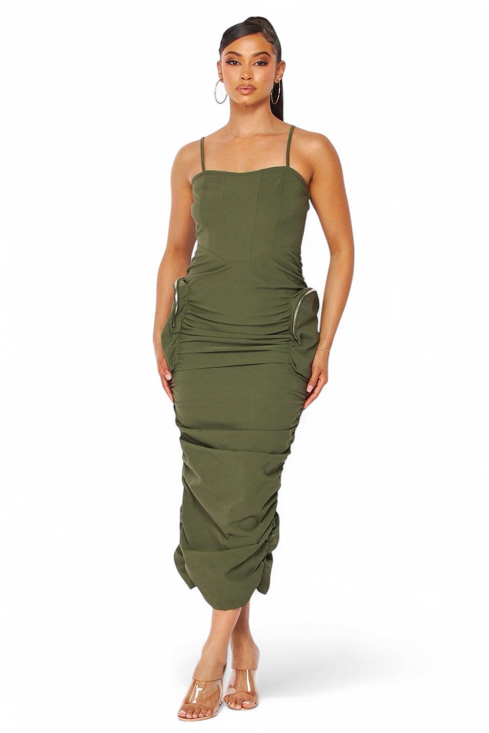 Erin Cargo Pocket Ruched Nylon Tank Dress Olive / S