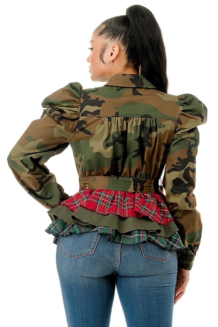 Camo Long Sleeve Waist Tie Patchwork Ruffle Peplum Layered Jacket