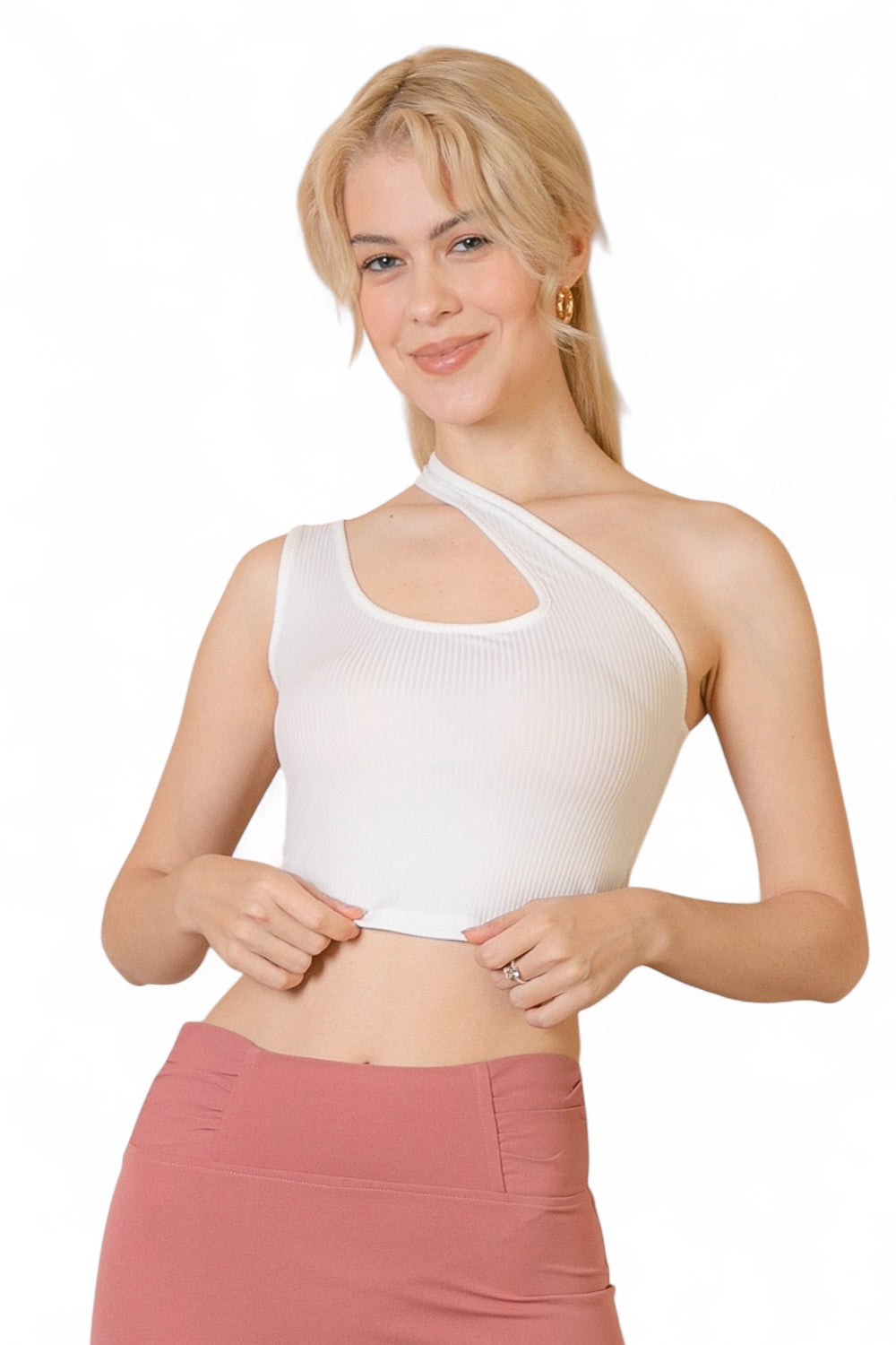 Ribbed One Shoulder Cross Strap Crop Top