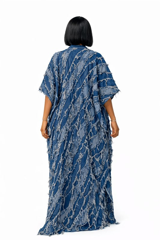 Textured Frayed Denim Short Sleeve Kimono Duster Jacket
