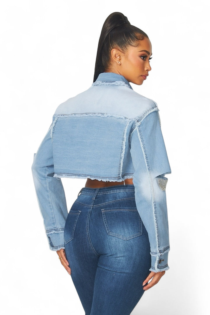 Medley Rhinestone Detail Crop Denim Jean Jacket