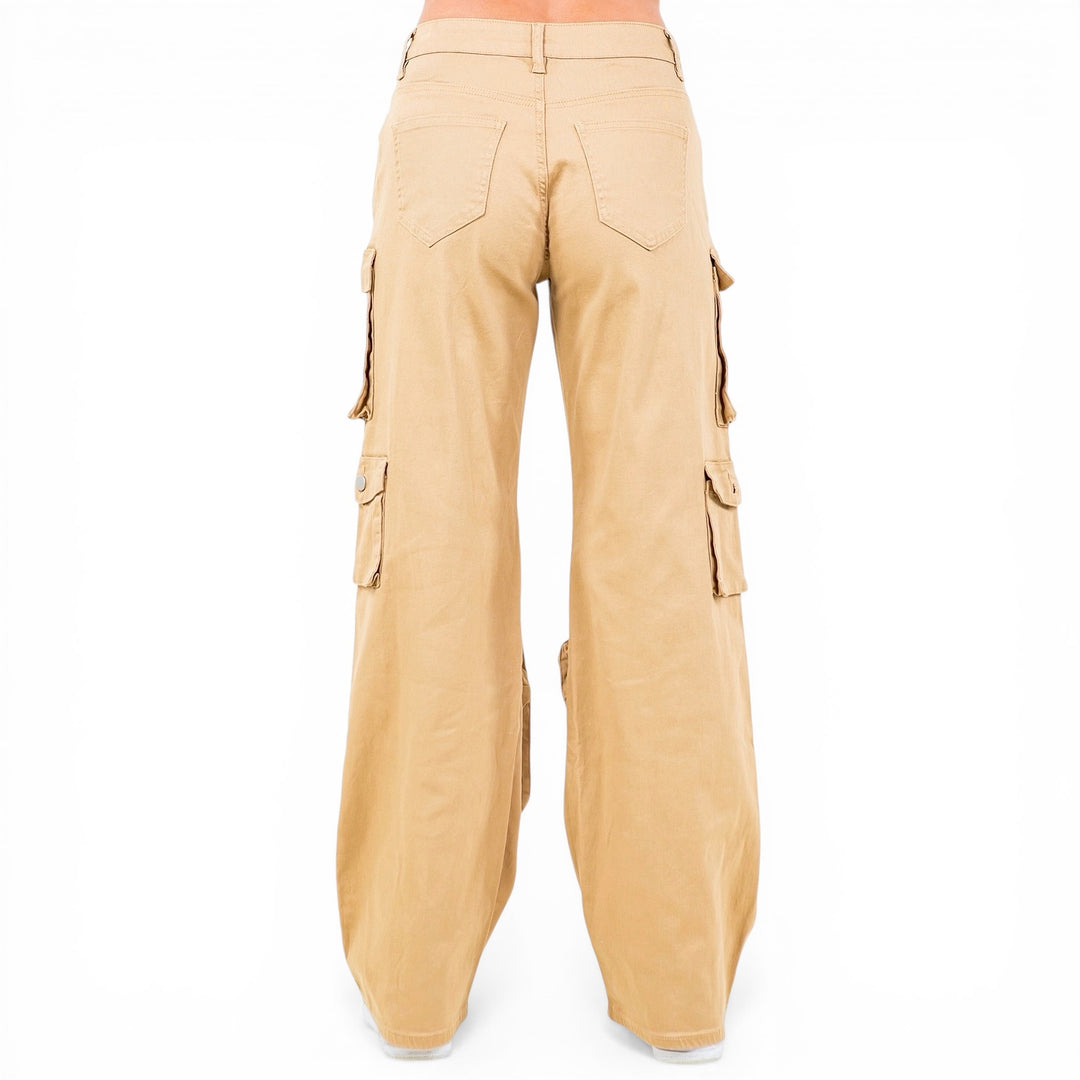 High Waist Wide Leg Pocket Cargo Pants- RJH30589 -Khaki