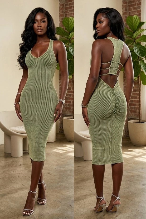 Mineral Wash Caged Back Detail Knee Length Dress