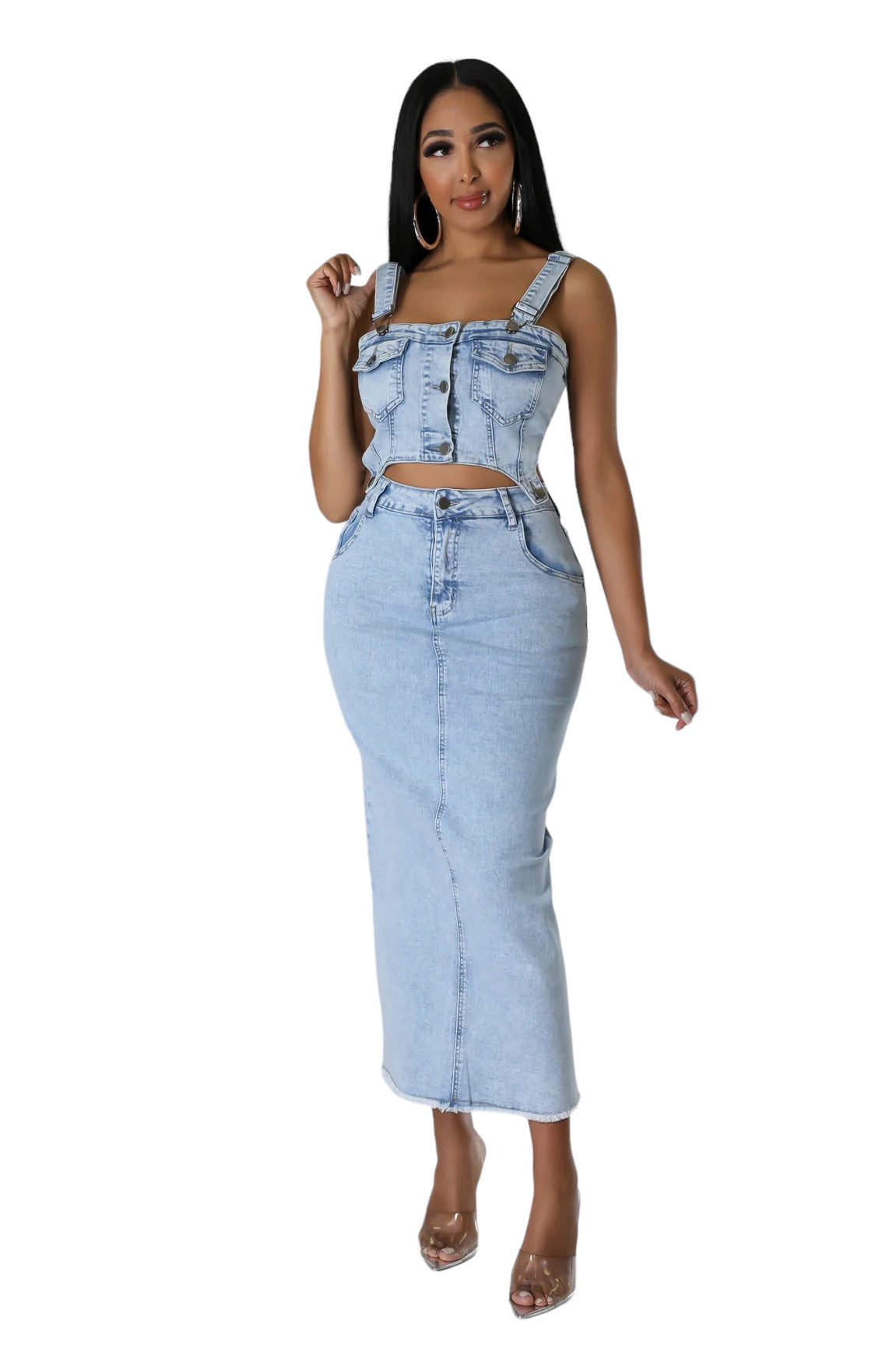 2 Piece Acid Wash Denim Skirt Set Small