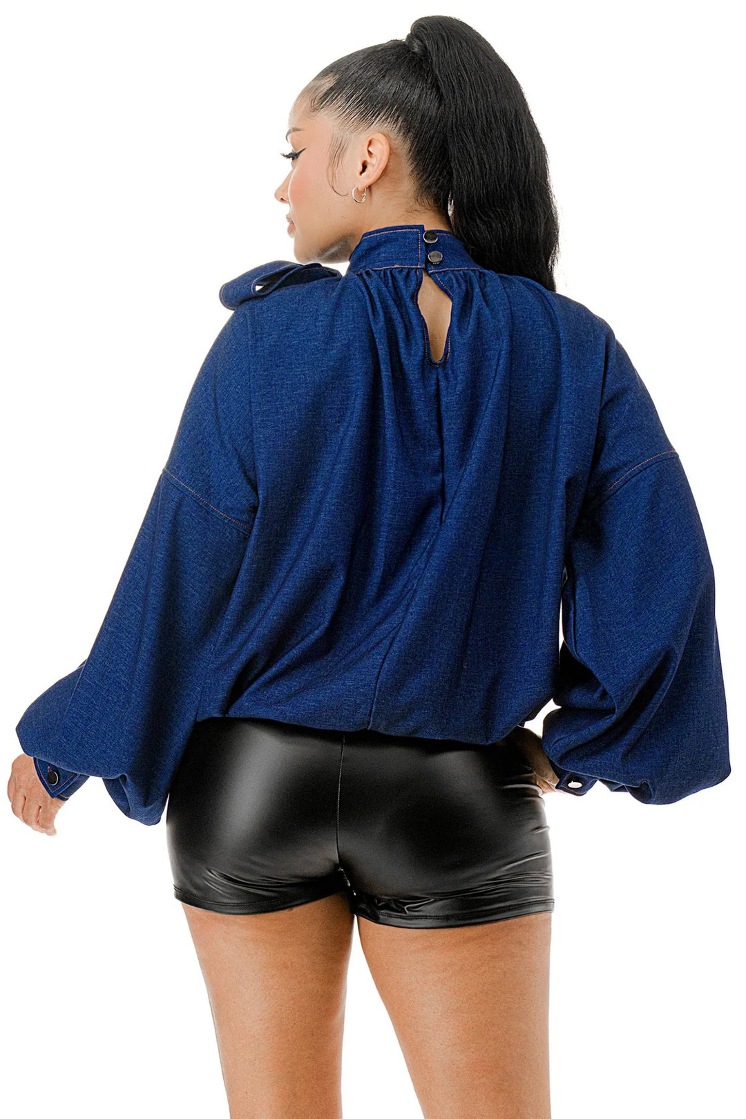 Mock Neck with Tie Puff Long Sleeve Bubble Hem Denim Blouse Top