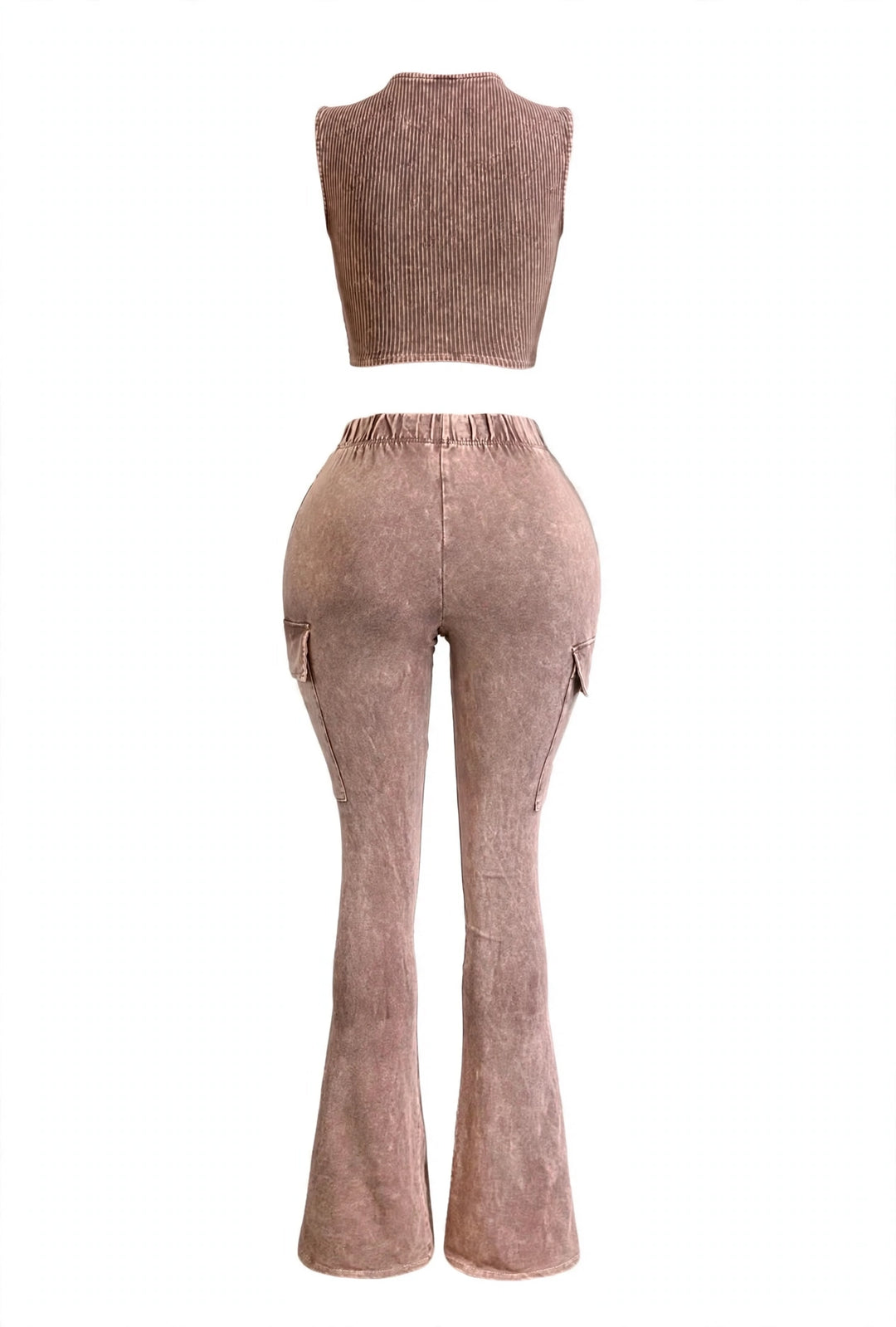 A two-piece matching set in a textured dusty rose-brown fabric, featuring a sleeveless ribbed knit crop top and high-waisted flared pants with side cargo pockets, shown against a plain white background.