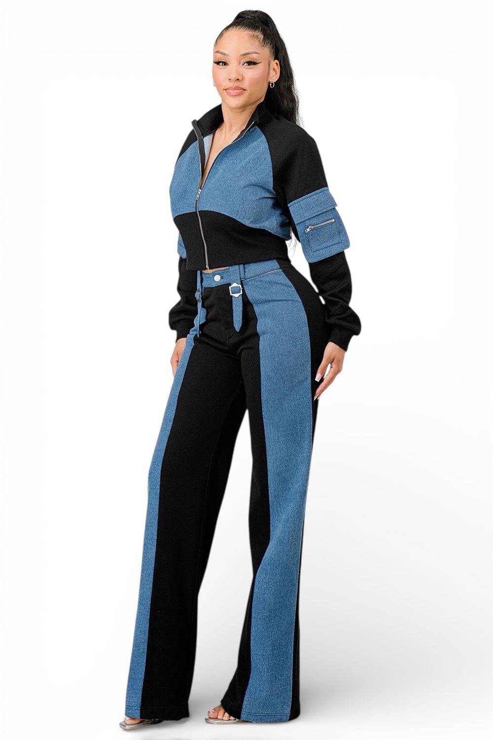Mixed Material Denim Zip Up Crop Jacket Pants Set