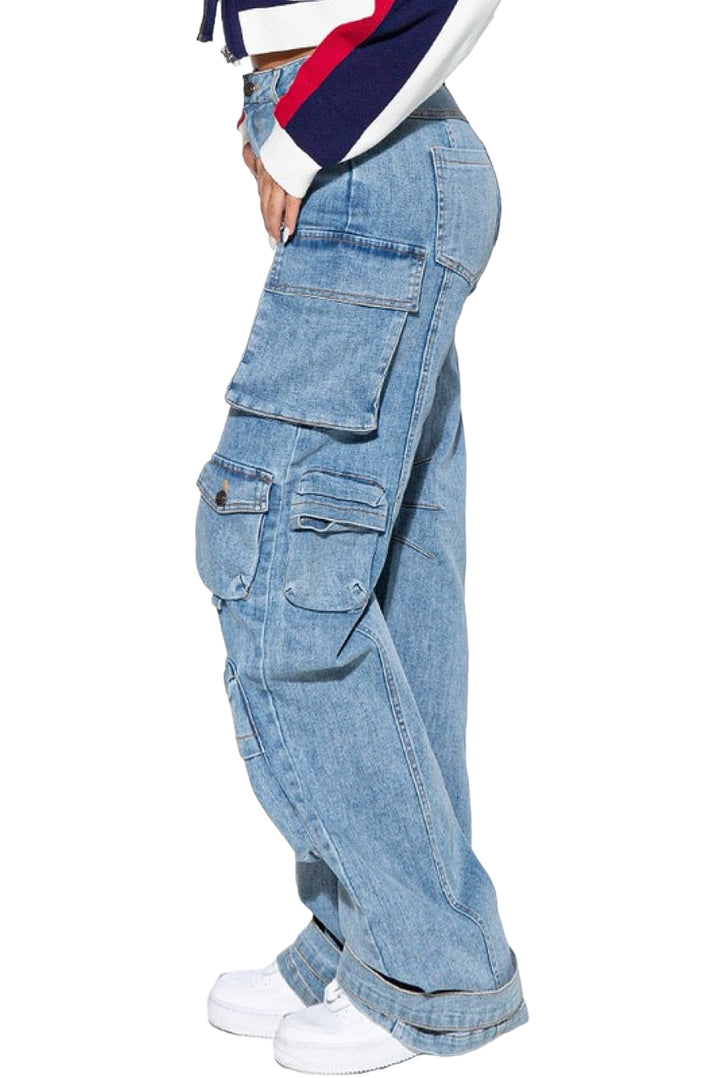 Multi Pocket Straight Legs Denim Cargo Jeans
