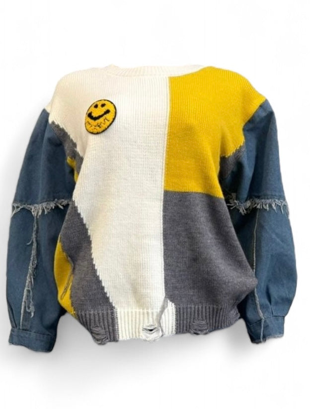 Smiley Patch Color Block  Denim Sleeve Sweater Top