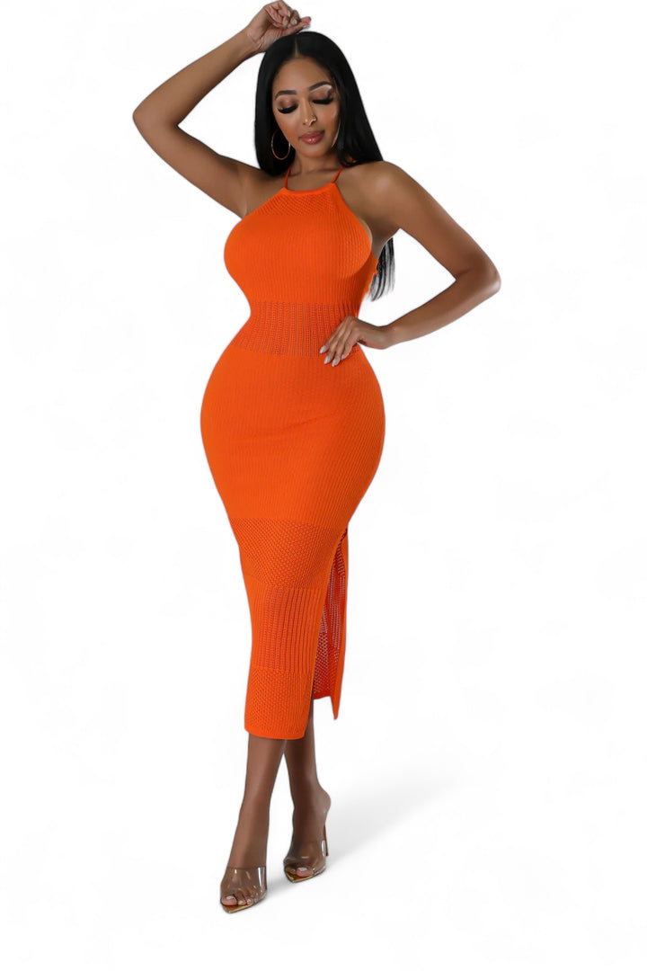 Orange Knit Halter Midi Dress