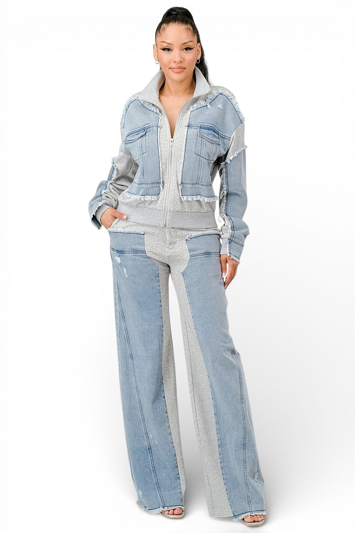 Mixed Material Denim Zip Up Jacket & Wide Leg Pants Set