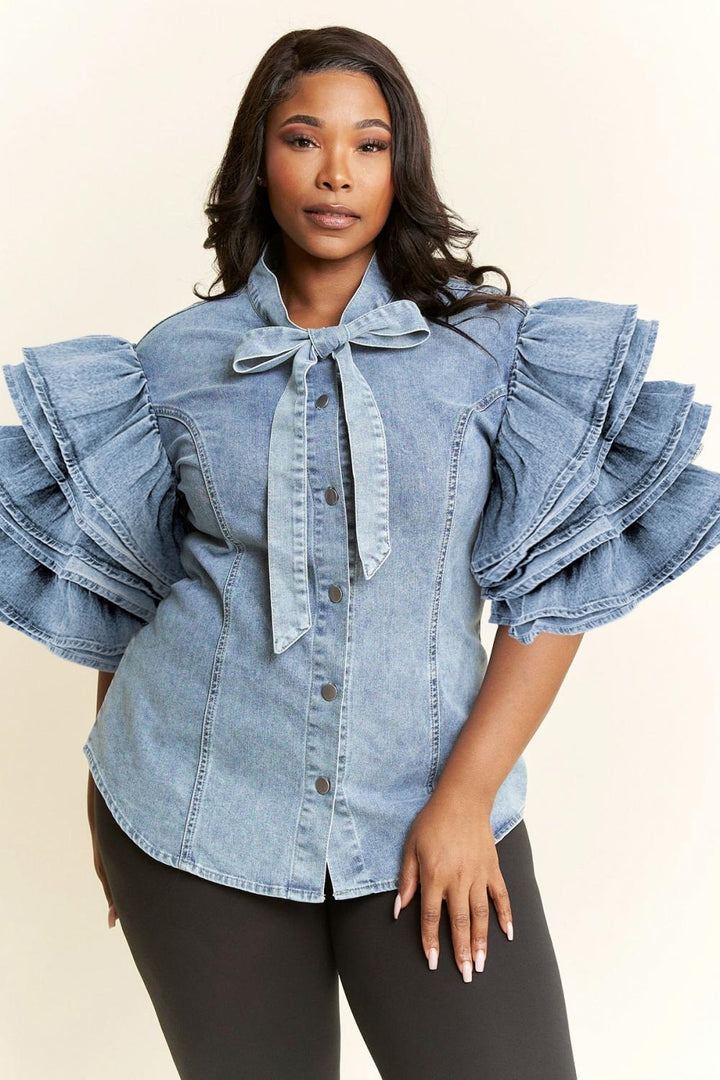 Denim Bow Blouse with Fringe Sleeves {GREAT STRETCH}