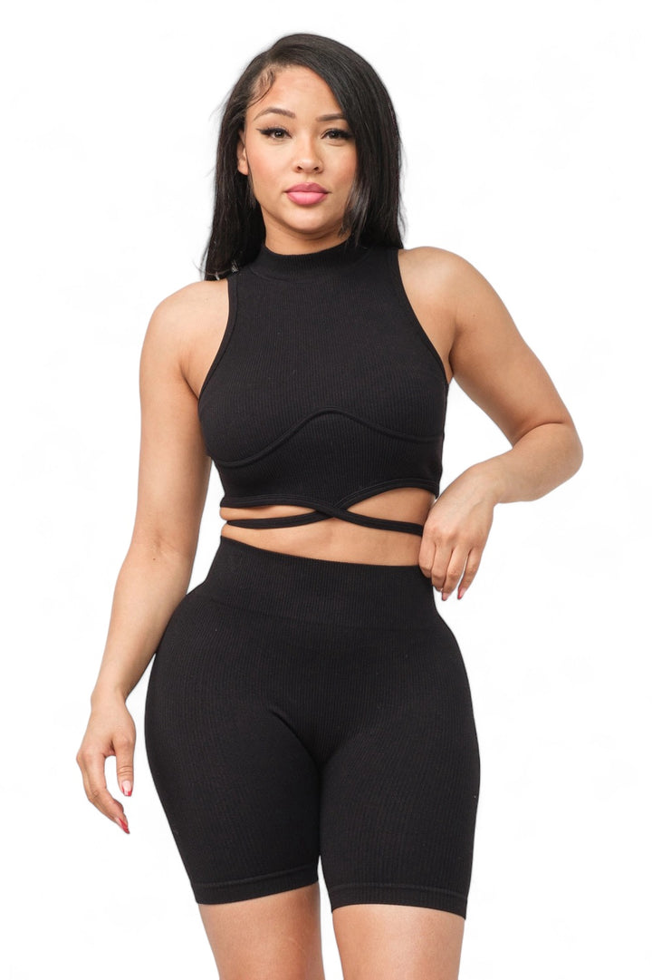 Seamless Front Waist Back Tie Top and Shorts Set