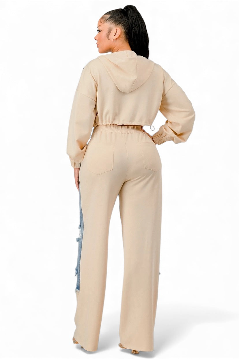 Denim Patchwork Hoodie & Wide-Leg Pant Set