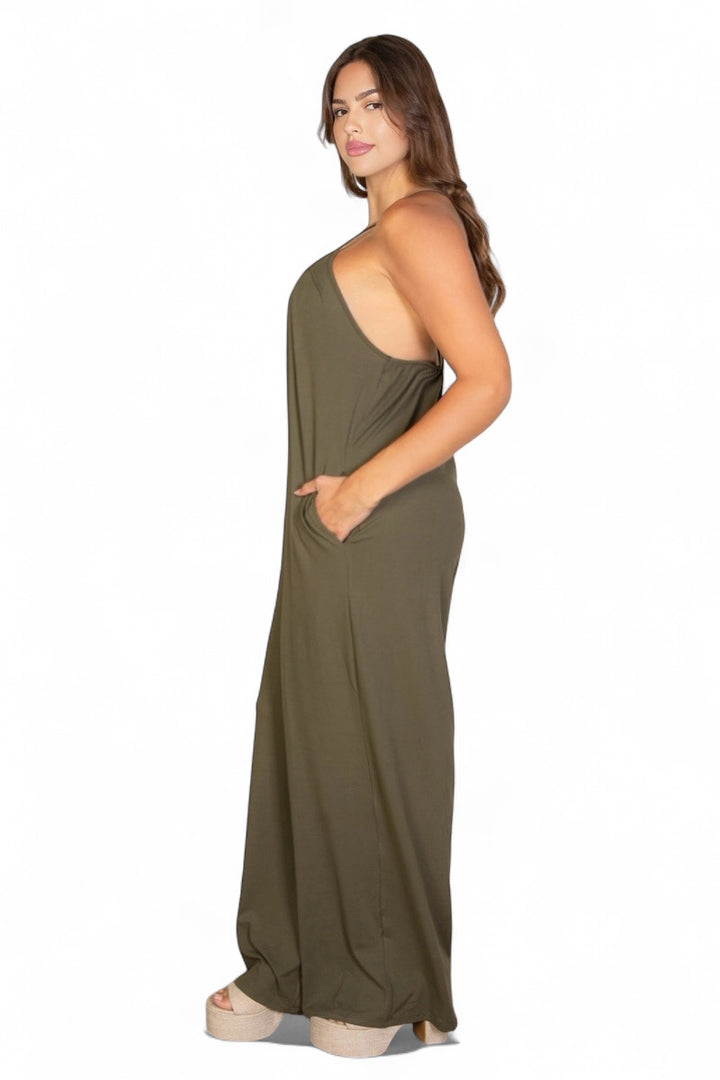 Curvy Spaghetti Strap Solid Wide Jumpsuit  {BP5554X}