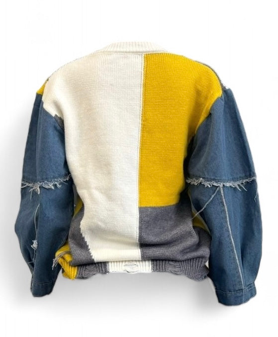 Smiley Patch Color Block  Denim Sleeve Sweater Top