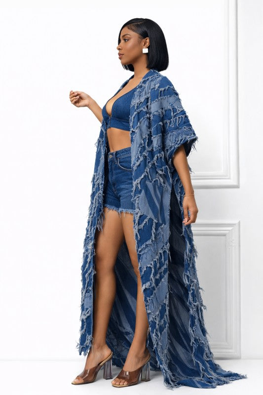 Textured Frayed Denim Short Sleeve Kimono Duster Jacket
