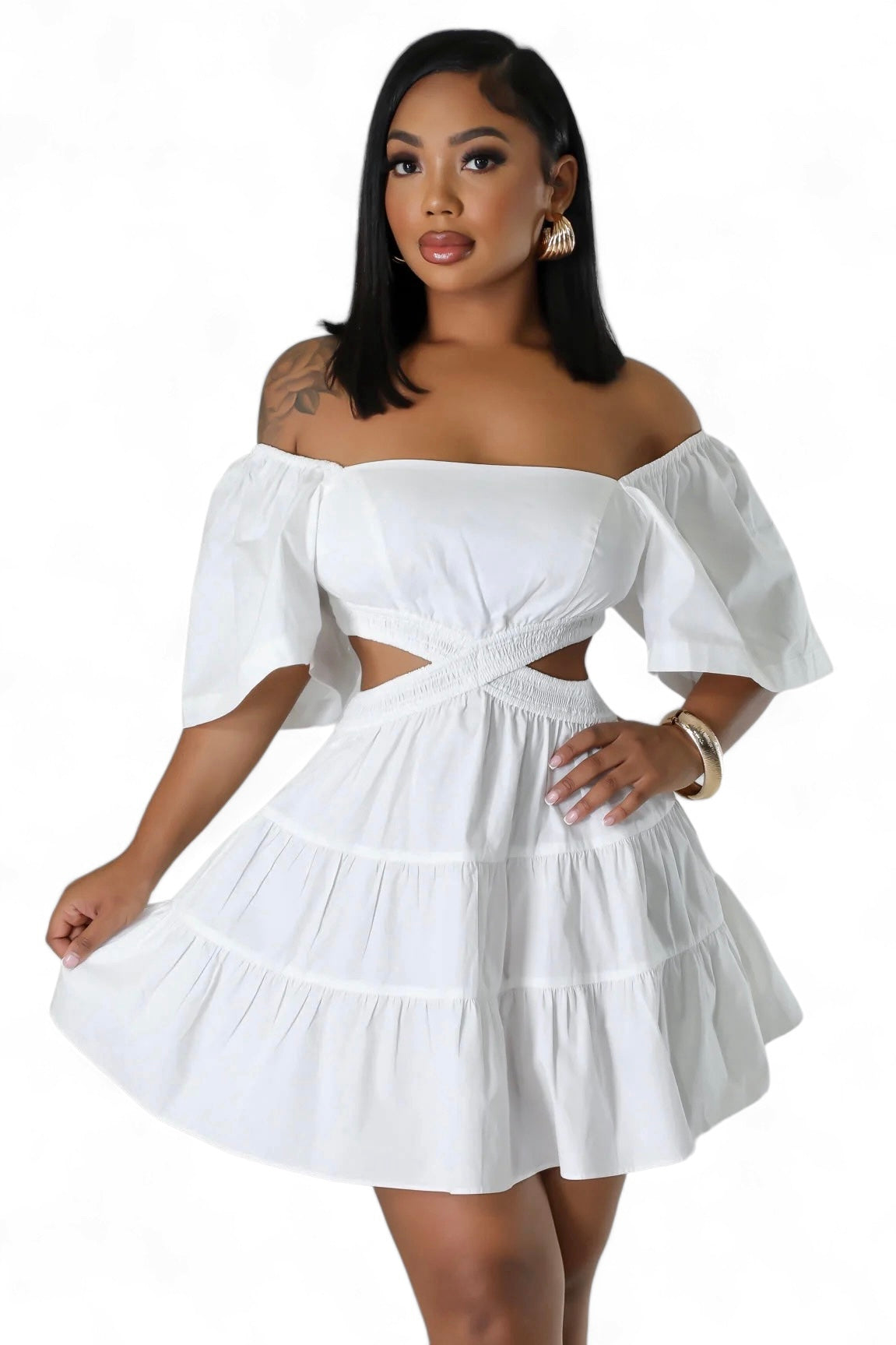 Curve-Flattering Off-The-Shoulder Cut Out Mini Dress