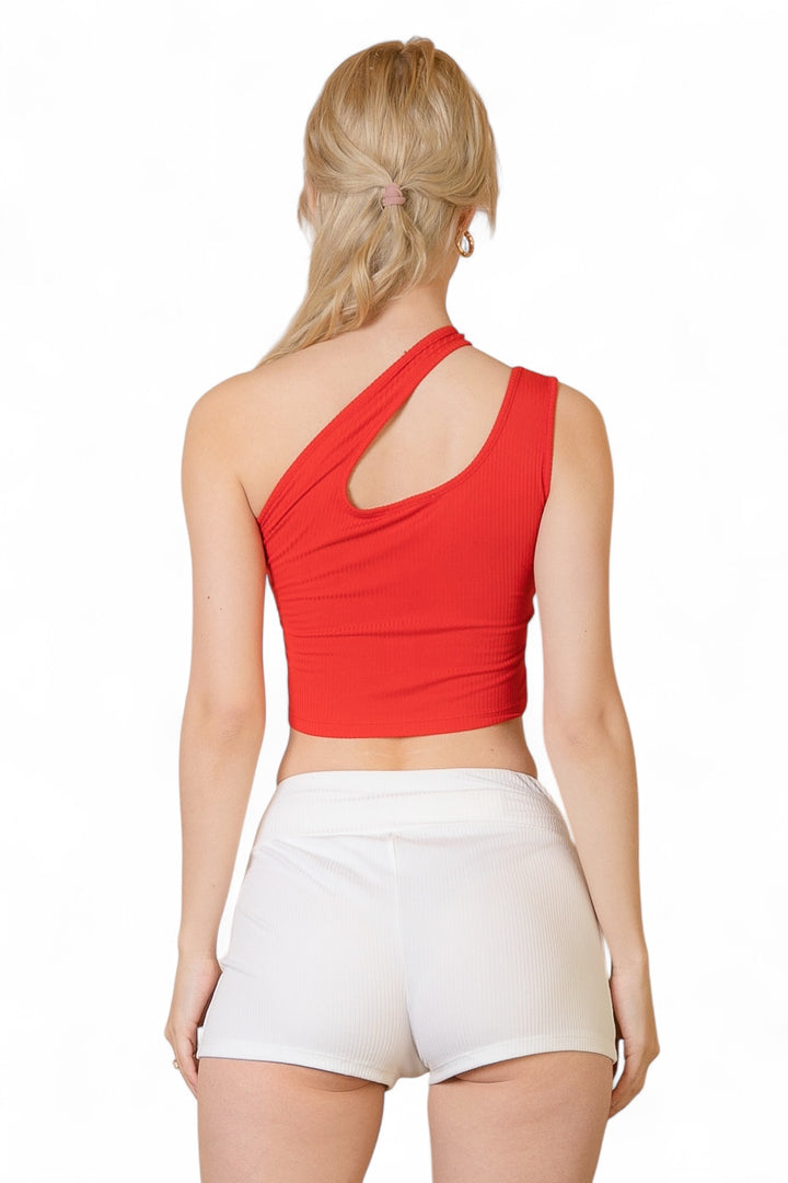 Ribbed One Shoulder Cross Strap Crop Top