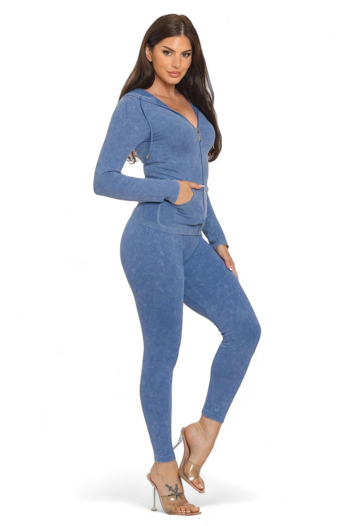 Washed Seamless Rib Zip Up Hoodie Jacket and Leggings Set