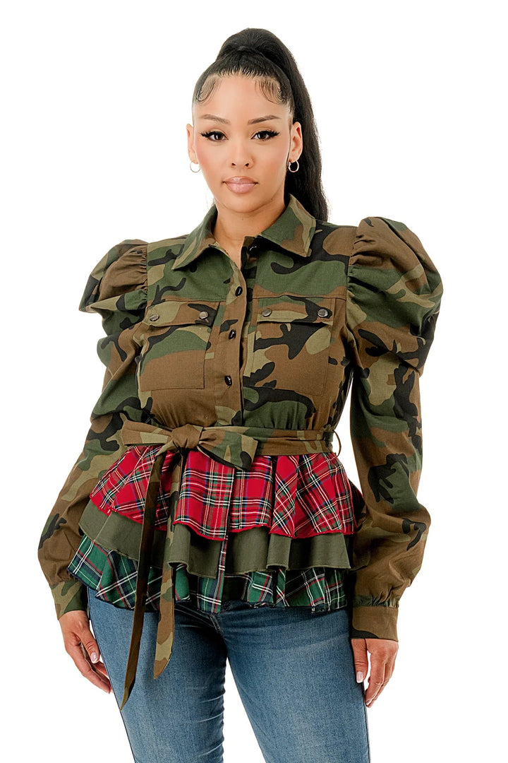 Camo Long Sleeve Waist Tie Patchwork Ruffle Peplum Layered Jacket