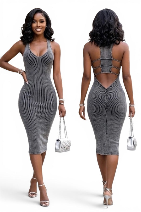 Mineral Wash Caged Back Detail Knee Length Dress