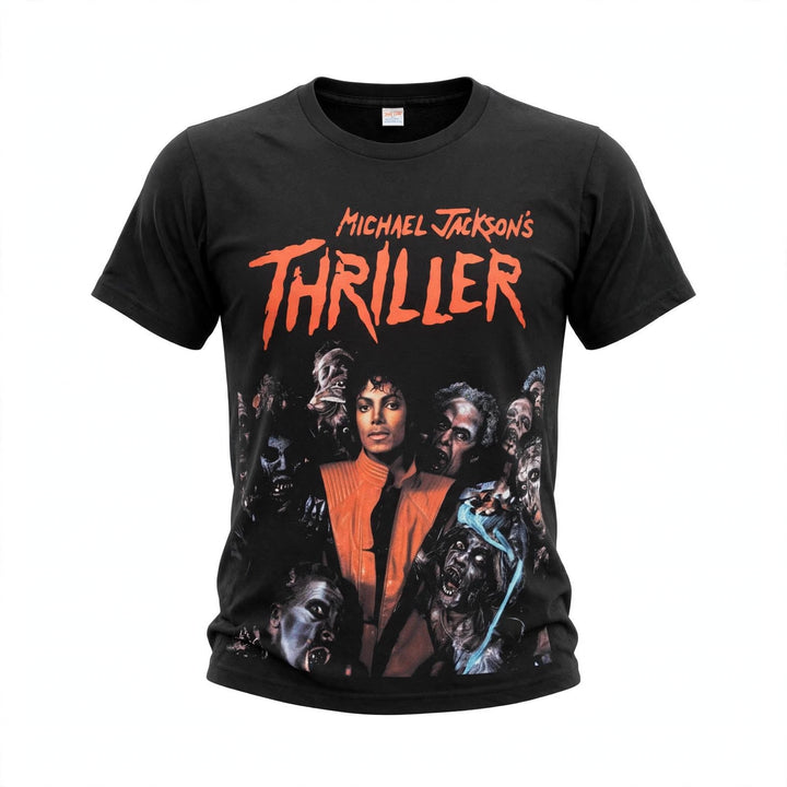 Black Michael Jackson Thriller graphic T-shirt with bold front designs