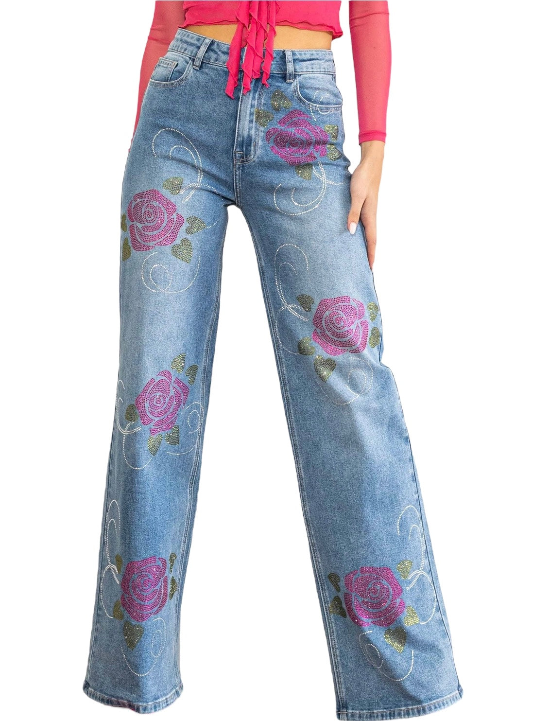 Rose Rhinestone Wide Jeans 5