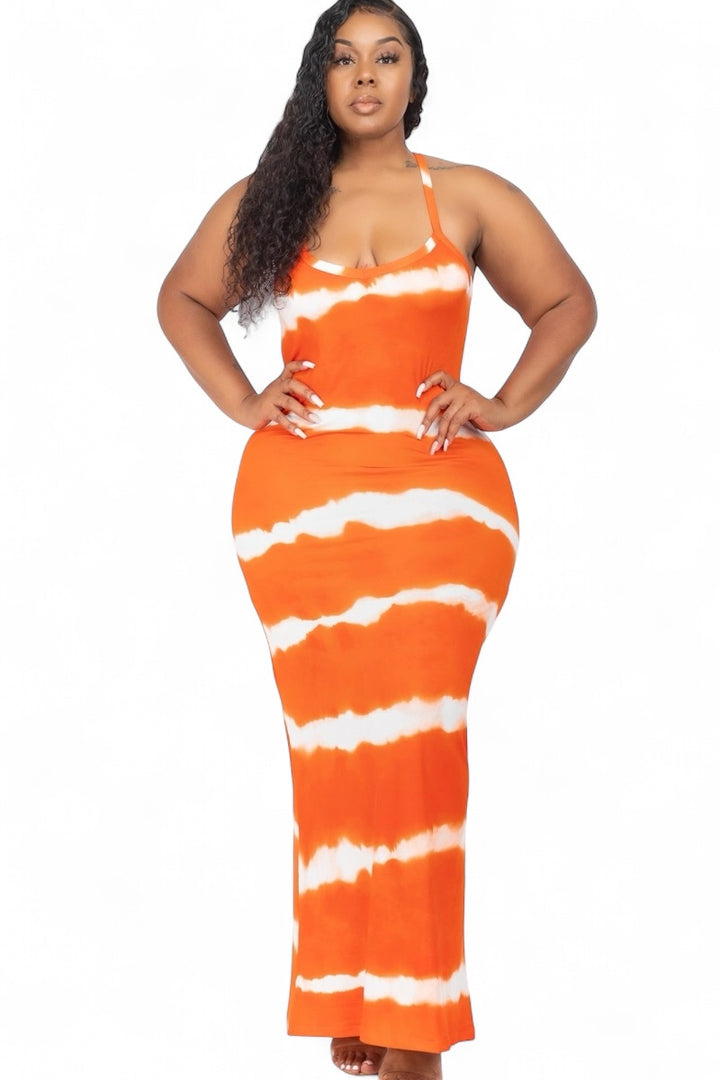 Curvy Stripe Tie-Dye Printed Maxi Dress