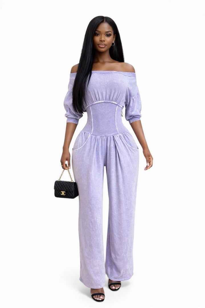 Mineral Wash Off Shoulder Wide Leg Jumpsuit
