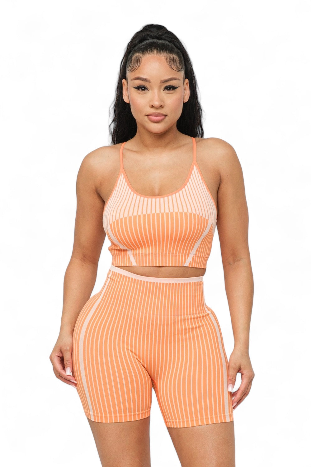Seamless Striped Top and Biker Shorts Set