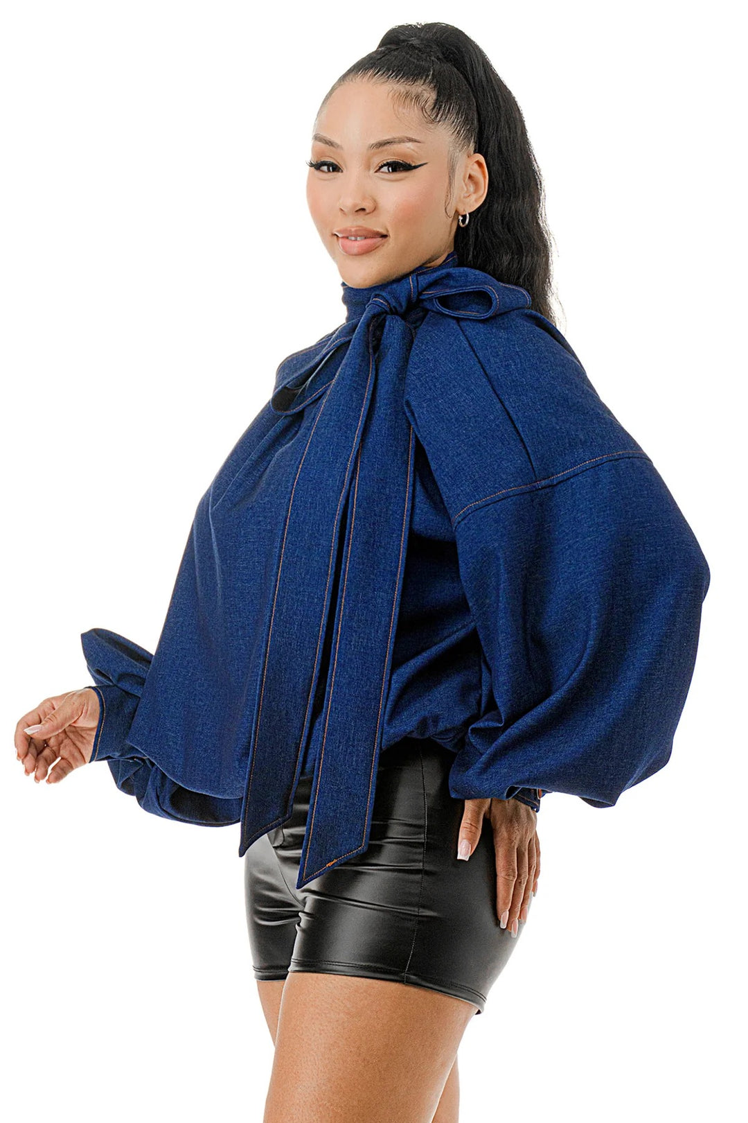 Mock Neck with Tie Puff Long Sleeve Bubble Hem Denim Blouse Top