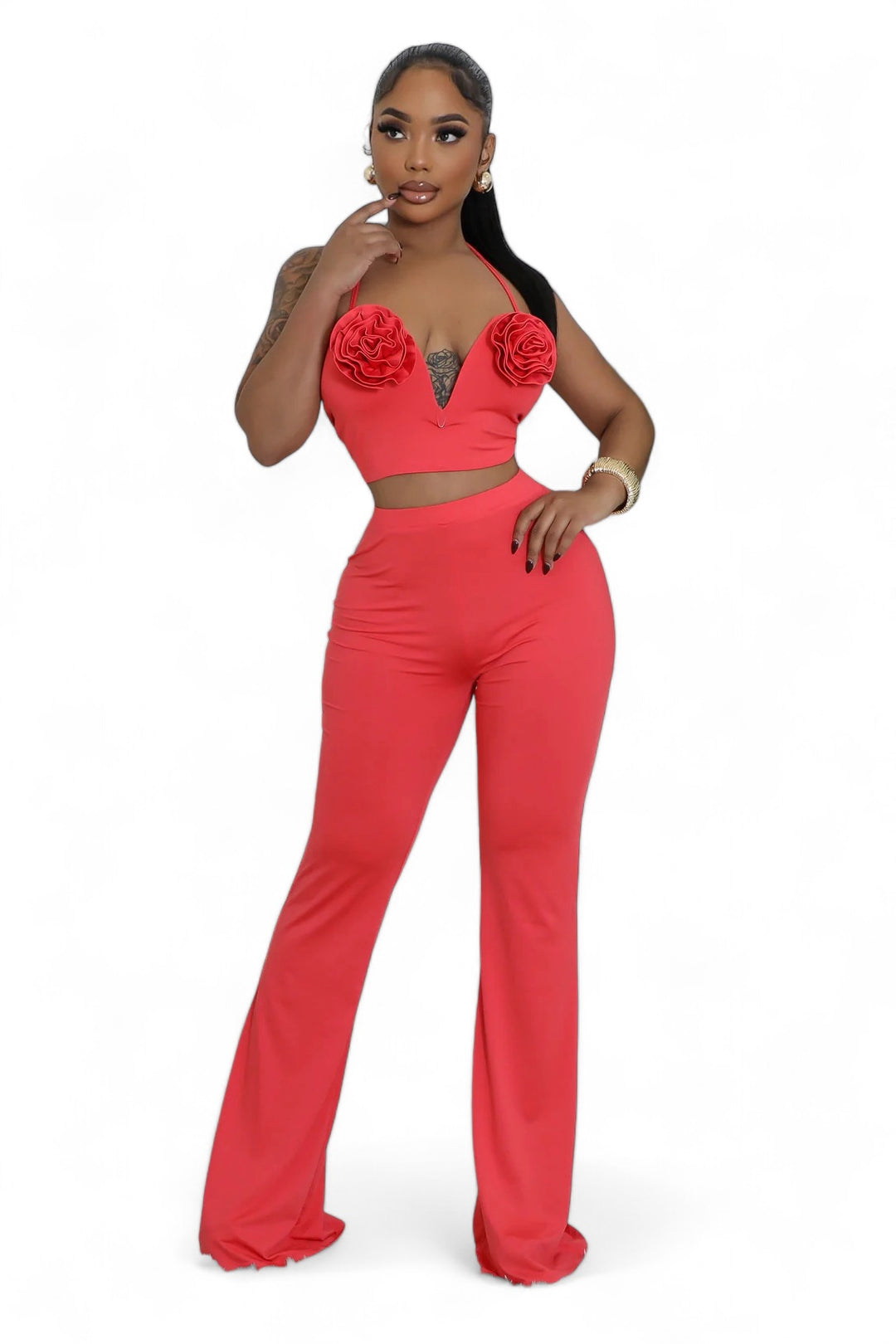 Red Rose Top Two Piece Pants Set The House of Stylez