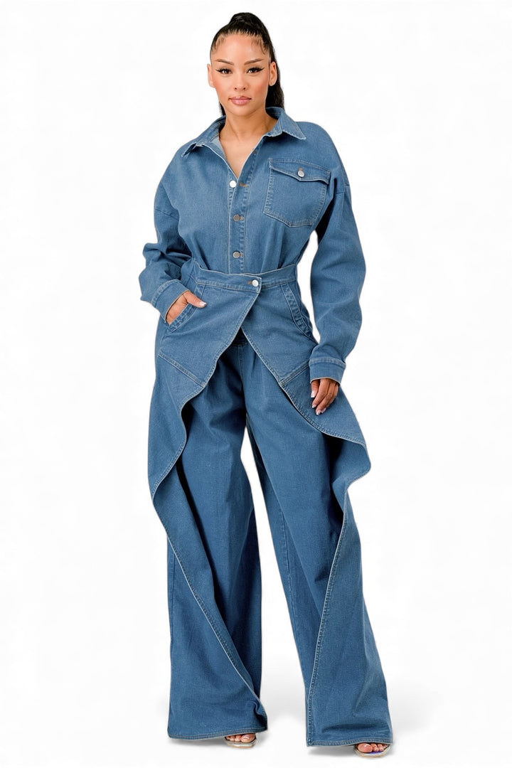 Denim Draped Wide-Leg Jumpsuit