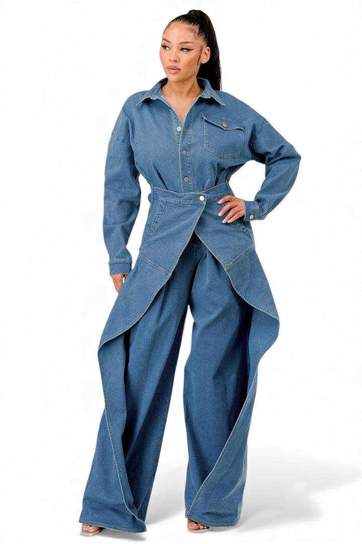 Denim Draped Wide-Leg Jumpsuit