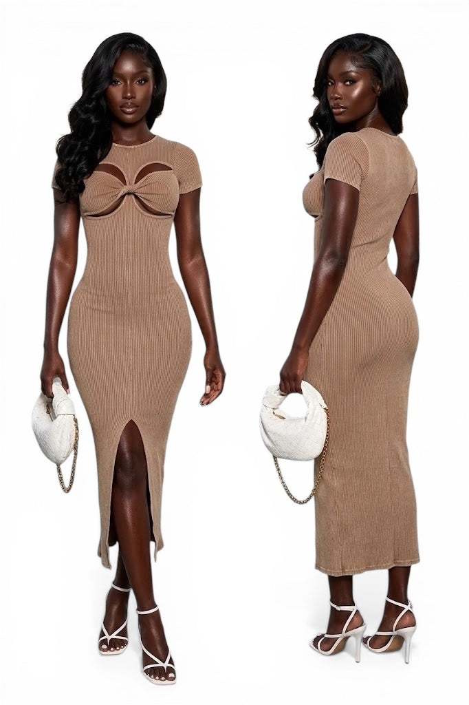 Mineral Wash Front Twist Cut-Out Slit Maxi Dress