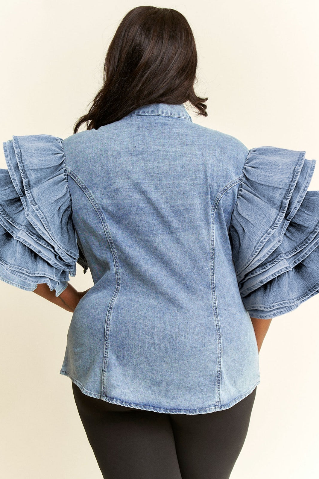 Denim Bow Blouse with Fringe Sleeves