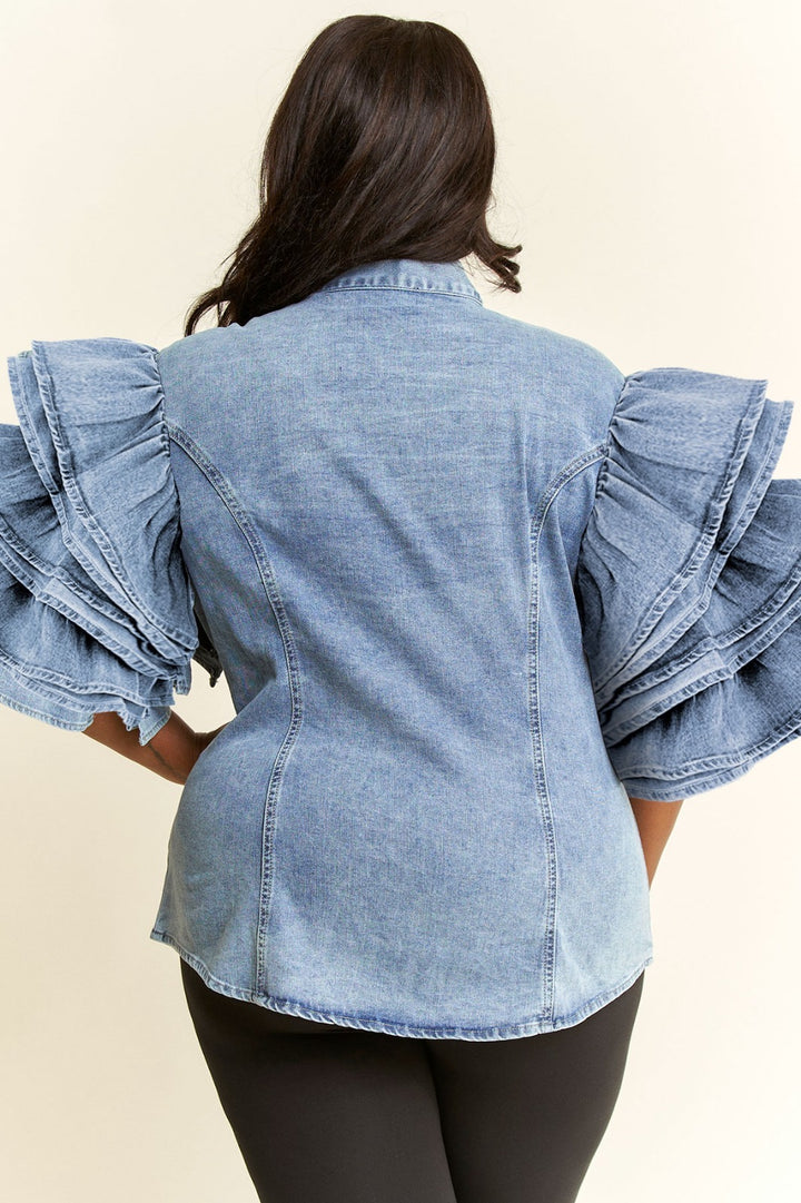 Denim Bow Blouse with Fringe Sleeves {GREAT STRETCH}