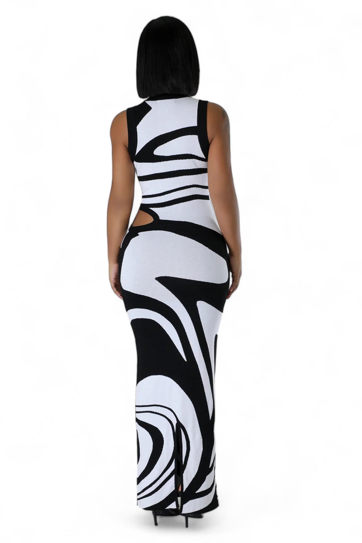 Sleeveless Black & White Knit Maxi Dress
