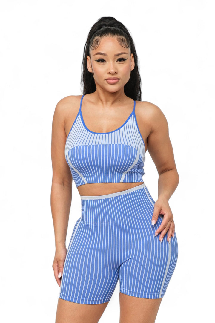 Seamless Striped Top and Biker Shorts Set