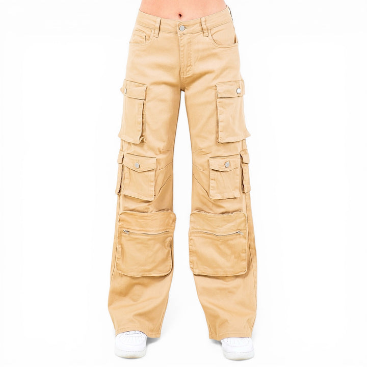 High Waist Wide Leg Pocket Cargo Pants- RJH30589 -Khaki