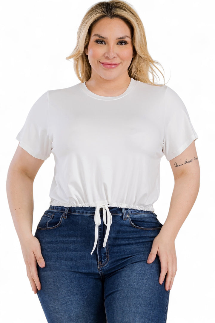 Curvy Tie Front Drawstring Short Sleeve Crop Top {BT5196X}