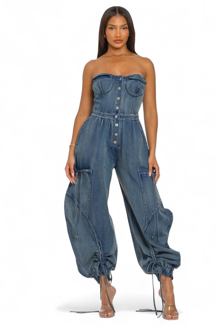 Corset Denim Drawstring Jumpsuit