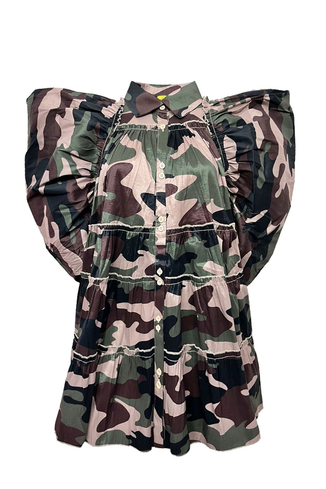 a green camo blouse with ruffles on the shoulders